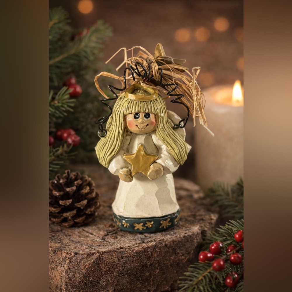 1999 Folk Art Angel Ornament Signed Suzi Primitive Christmas Star Rustic Decor